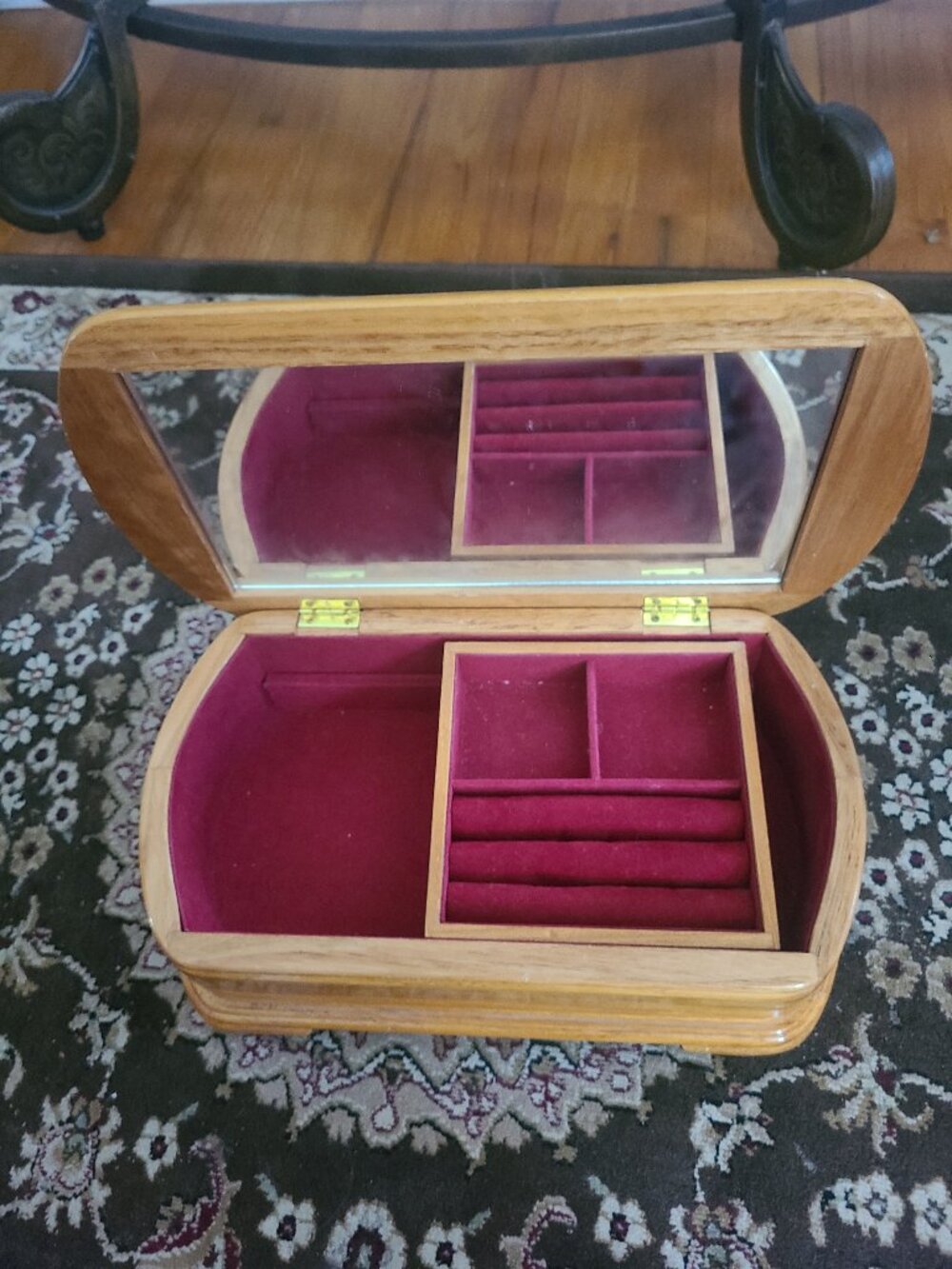 Mele Oak Jewelry Box Red Velvet Lining Mirror Removable Ring Compartment Footed